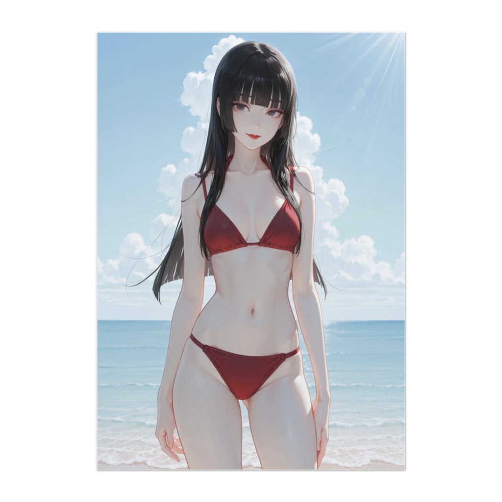 青空とワインレッドビキニの海辺ポートレート（アニメ風）