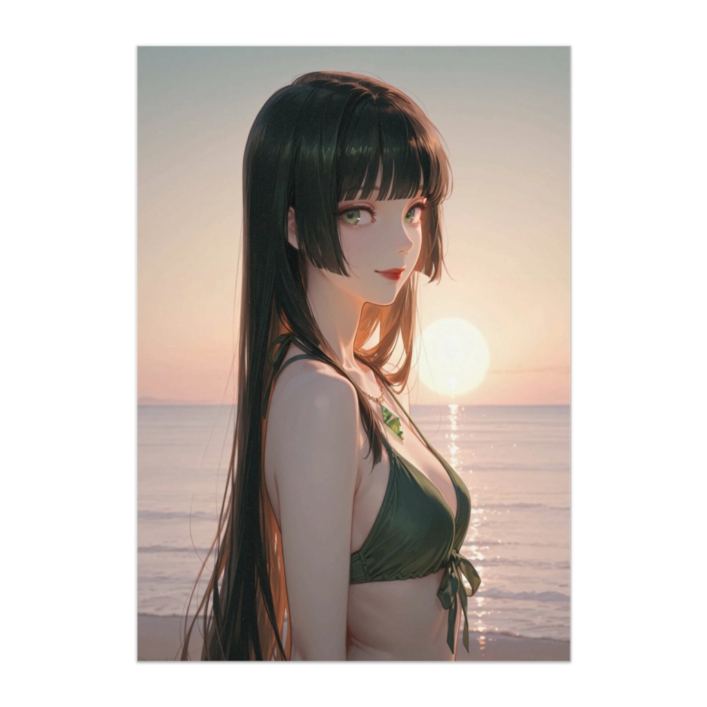 夕焼けの海とエメラルドビキニの横顔ポスター（アニメ風）