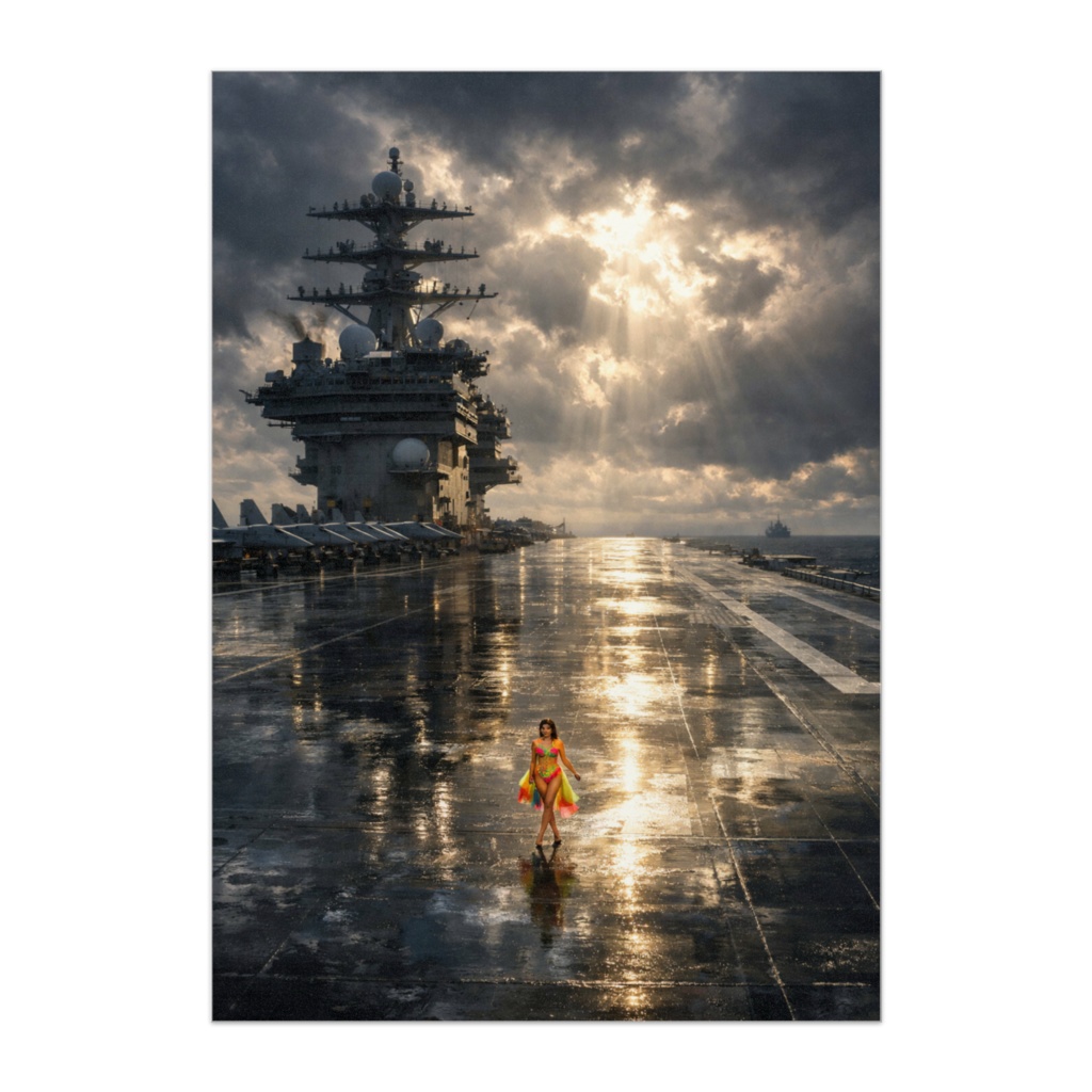 巨大空母の上で佇むカラーファッションモデル – シネマティックシュールアート