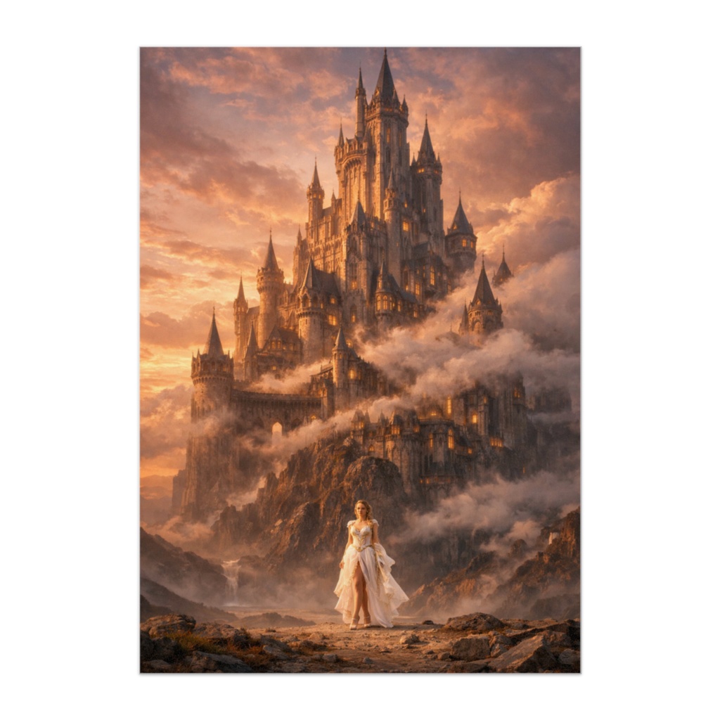 雲海に浮かぶ巨大城とドレスの女性 – ファンタジーシュールアートポスター