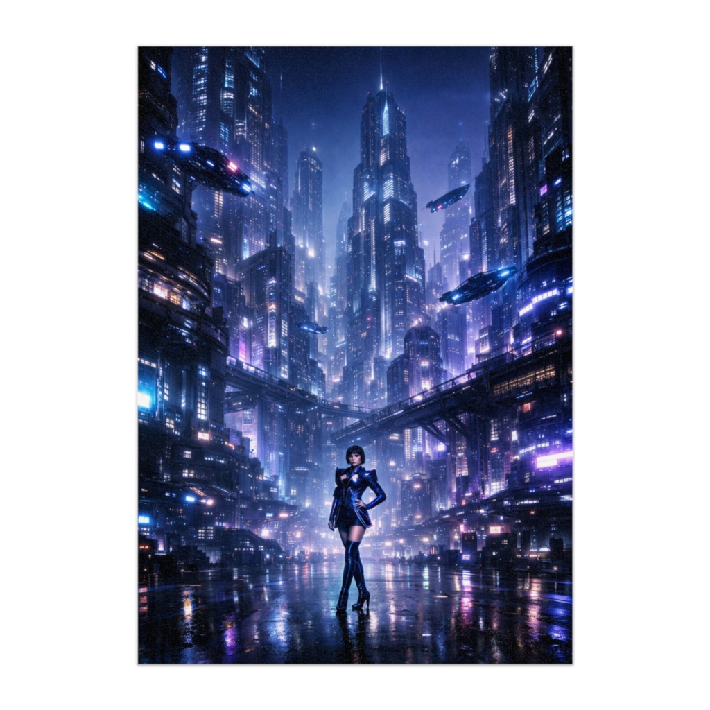 未来都市に佇むネオンファッションモデル – サイバーパンクシュールポスター