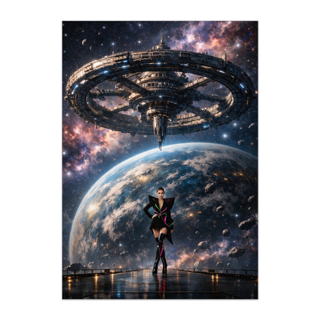 宇宙ステーションとネオンファッションモデル – 近未来シネマティックアート