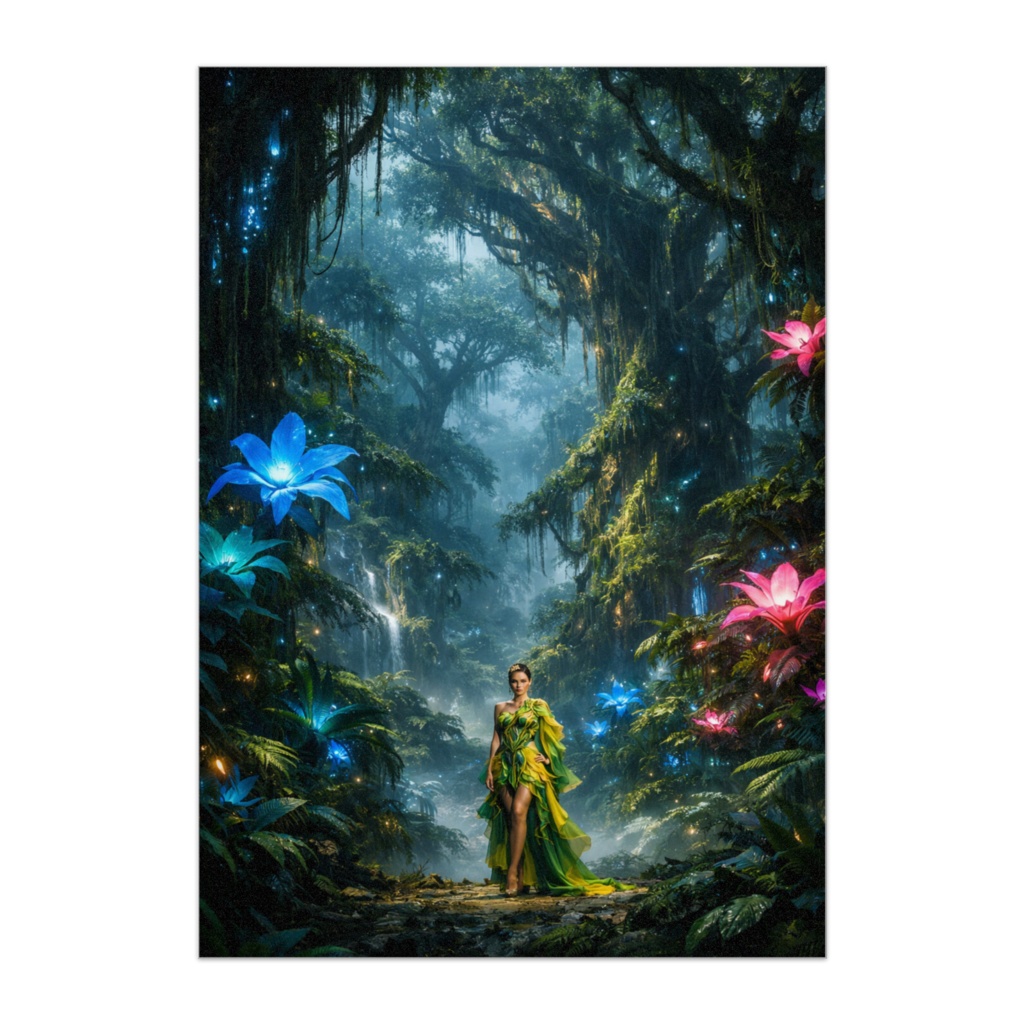 幻想の発光ジャングルとグリーンドレスの女性 – ナチュラルファンタジーアート