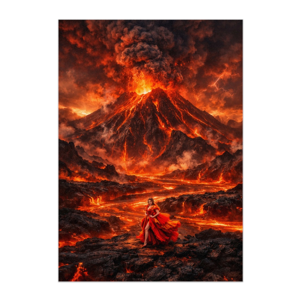 灼熱の火山と赤いドレスの女性 – ドラマティックファンタジーポスター
