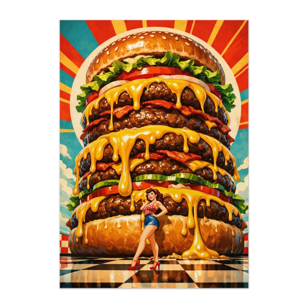 巨大メルトバーガーとピンナップガール｜ポップアート風アメリカンフードポスター