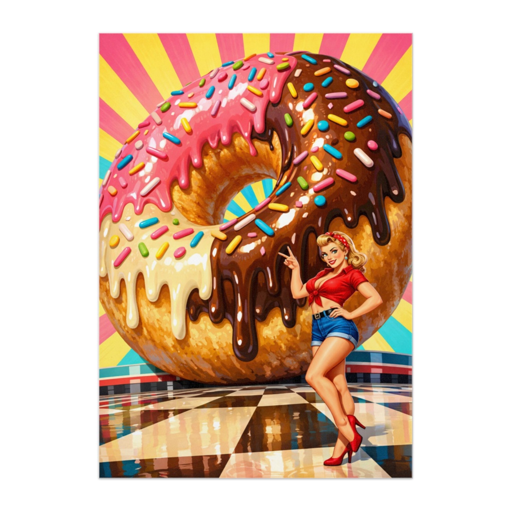 巨大グレーズドーナツとピンナップガール｜カラフルポップアートポスター