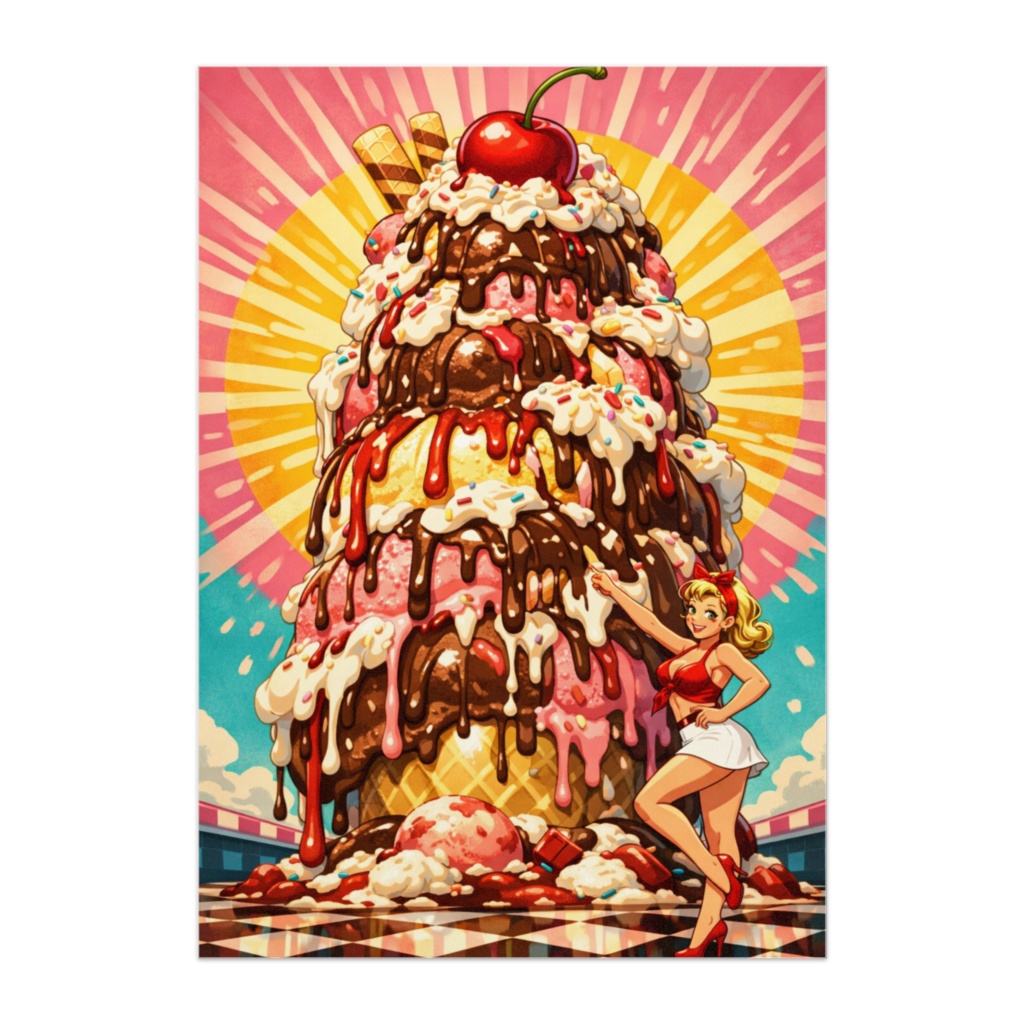 超巨大サンデーとピンナップガール｜とろけるスイーツポップアートポスター