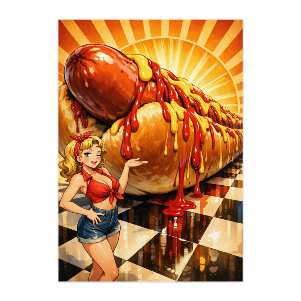 超巨大ホットドッグとピンナップガール｜ダイナミック遠近ポップアートポスター