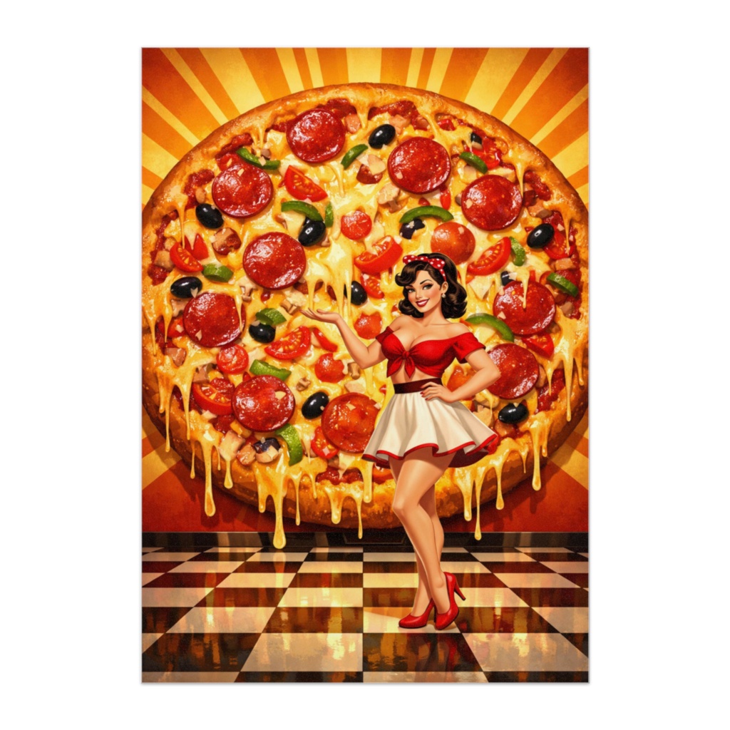 巨大ピザとピンナップガール｜とろけるチーズのポップアートポスター