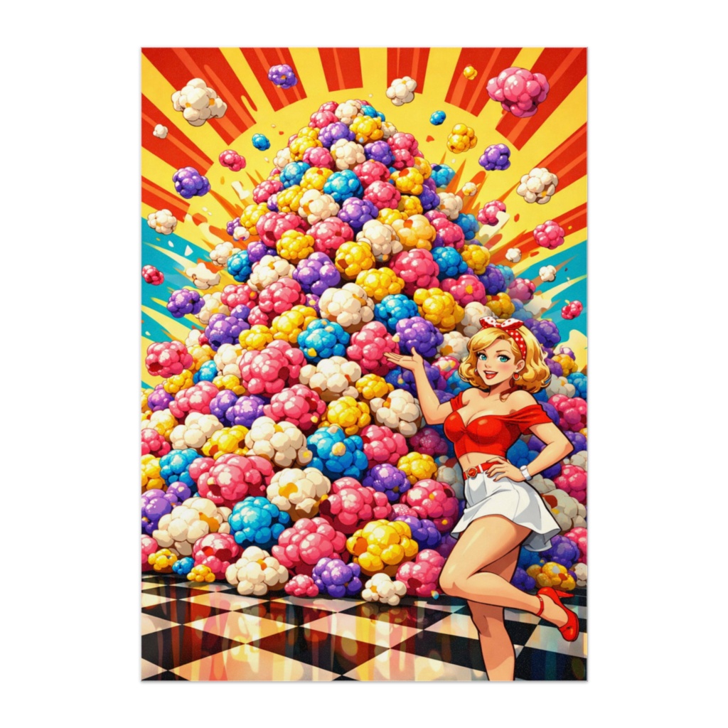 カラフルポップコーンの山とピンナップガール｜ポップアート爆発ポスター