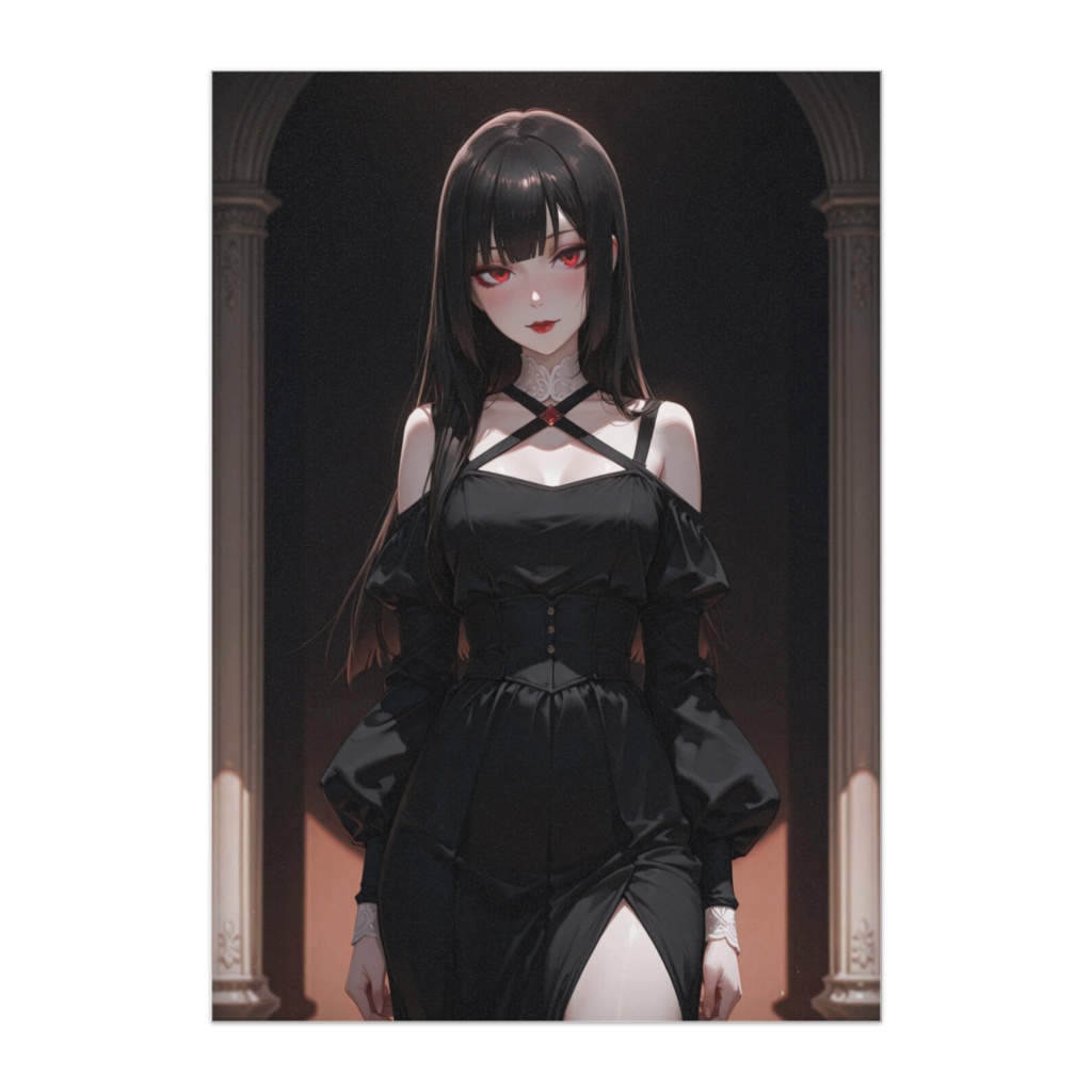 闇の回廊に佇むゴシックドレスの女性