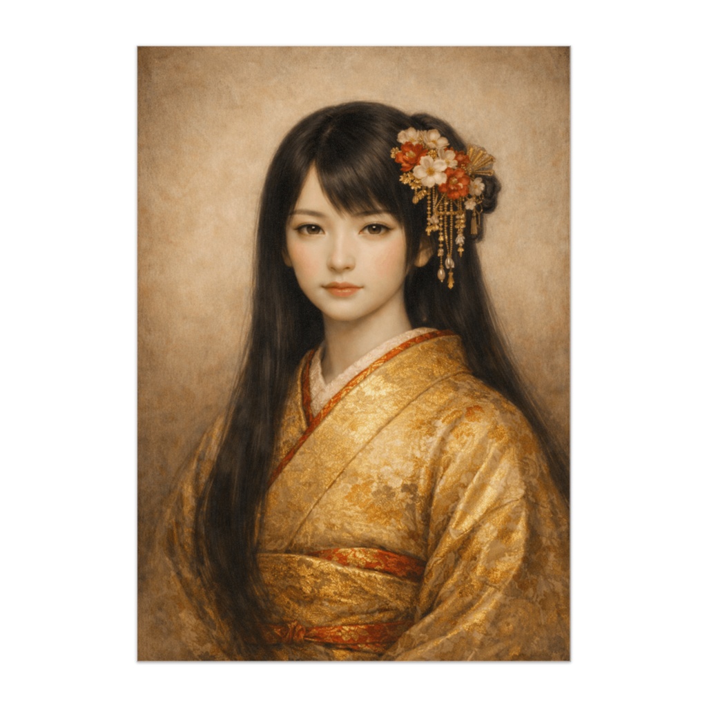 金彩着物の優雅な女性ポスター(クラシカル和風美人・油絵風)