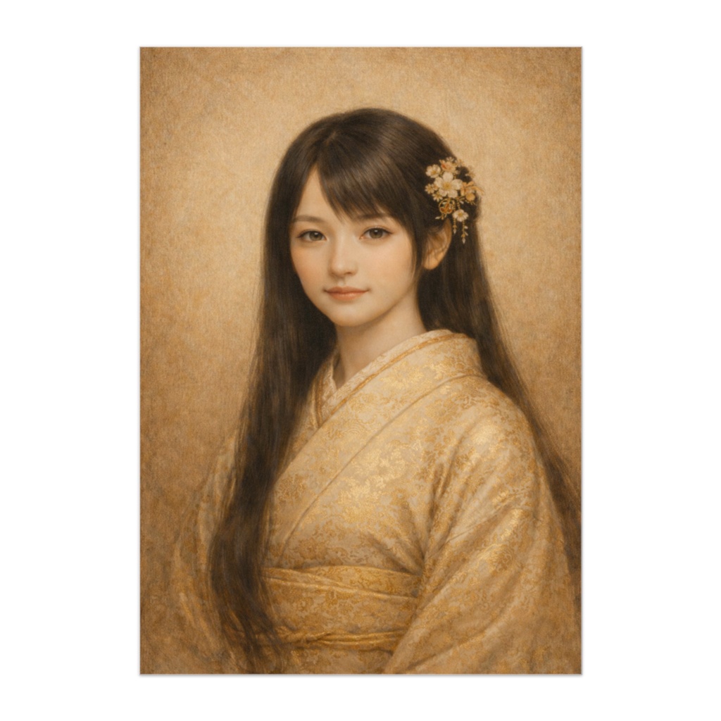淡金色の着物を纏う女性ポスター（やさしい表情・和風美人）