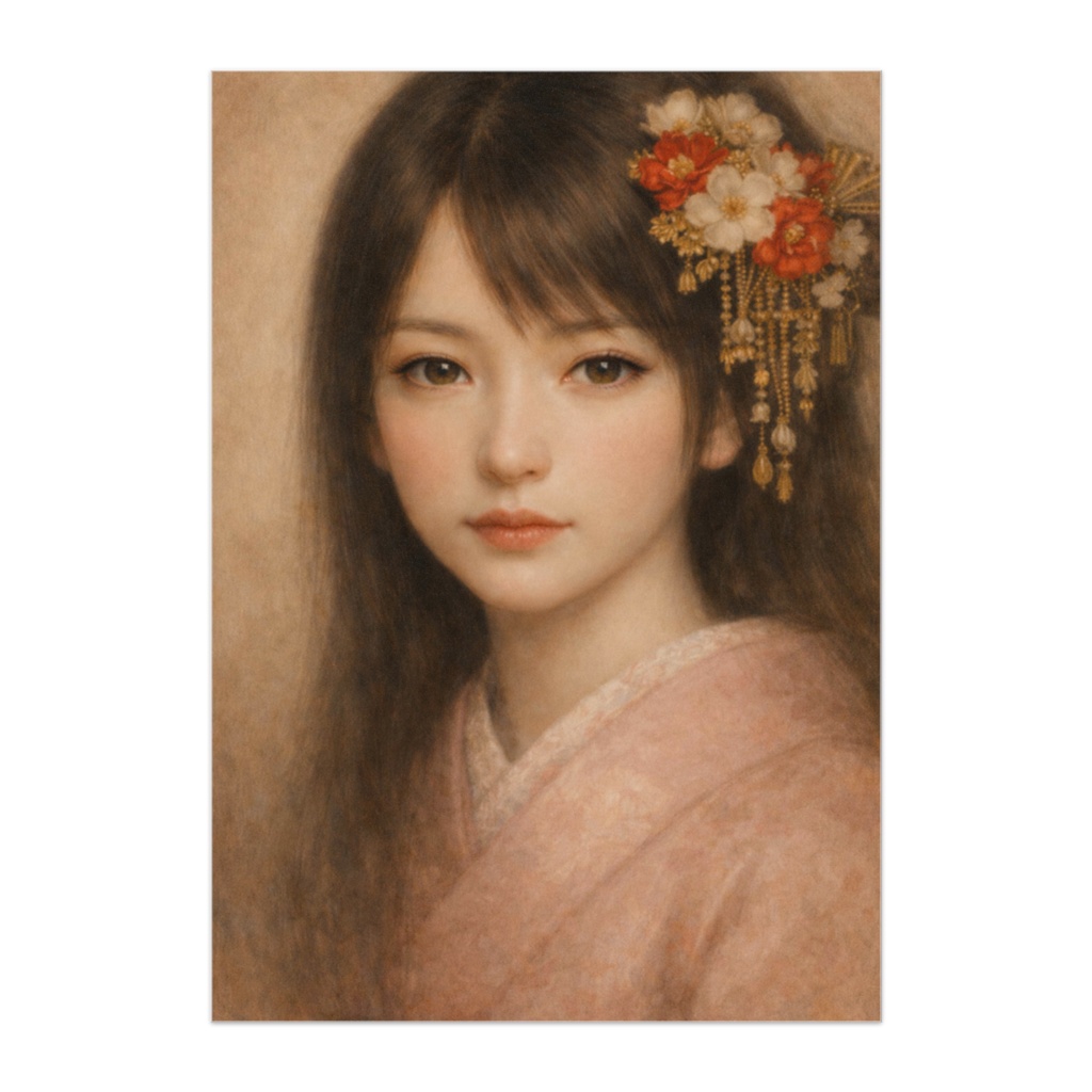 淡桃色着物の女性アップポスター(繊細な表情・和風美人)