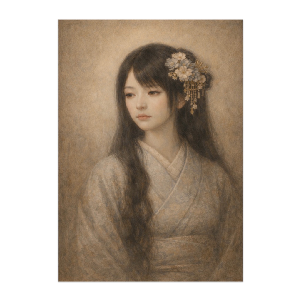 静かな余韻の中で — 青灰色の着物の和装美人ポスター