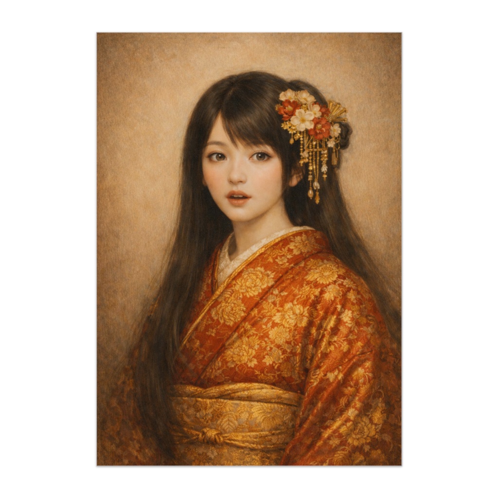 ふとした驚き — 赤い着物の和装美人ポスター