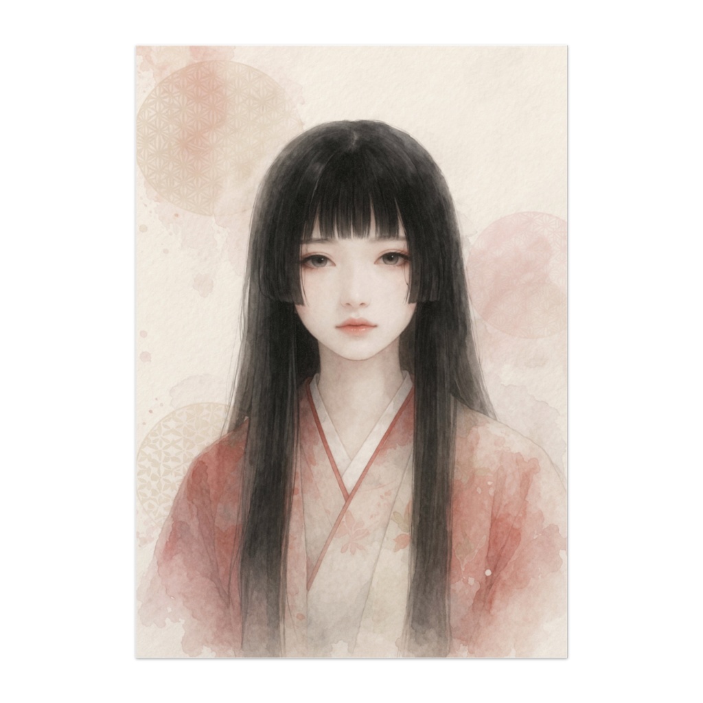 静謐なる和の美 — 佇む黒髪の少女 水彩風ポスター
