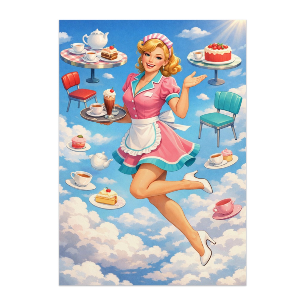 空に浮かぶカフェとウェイトレス|ドリーミーポップポスター