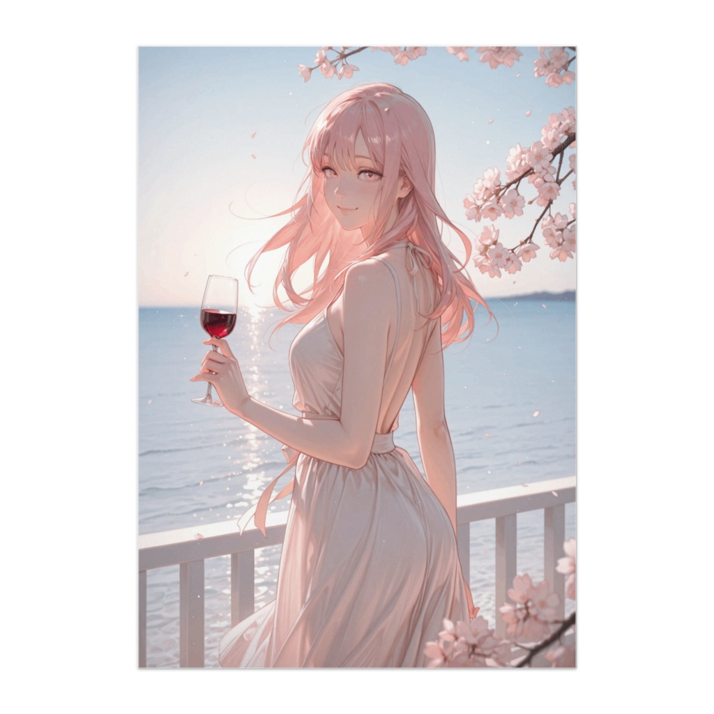 春の海辺で微笑むピンクドレスの女性ポスター