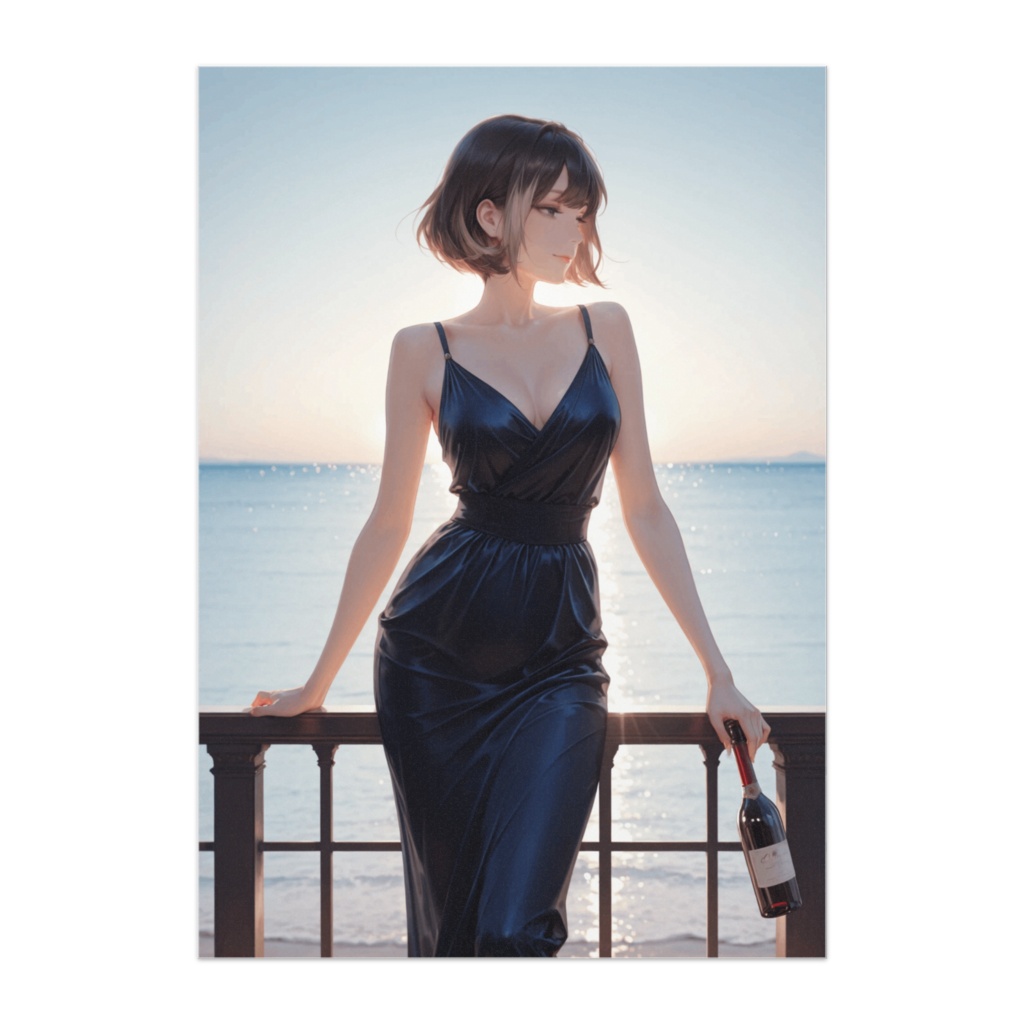 海辺に佇むネイビードレスの大人女性ポスター