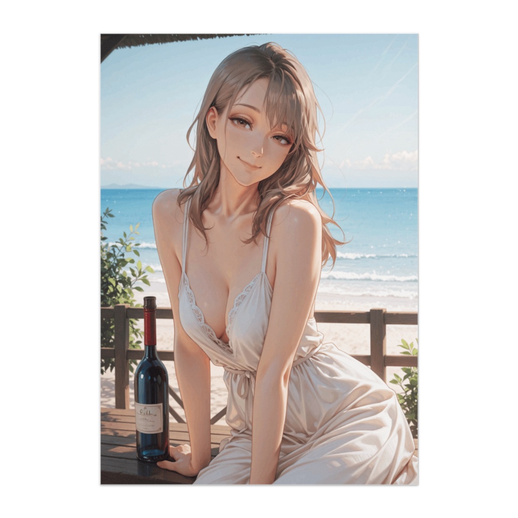 海辺でくつろぐ白いドレスの女性ポスター