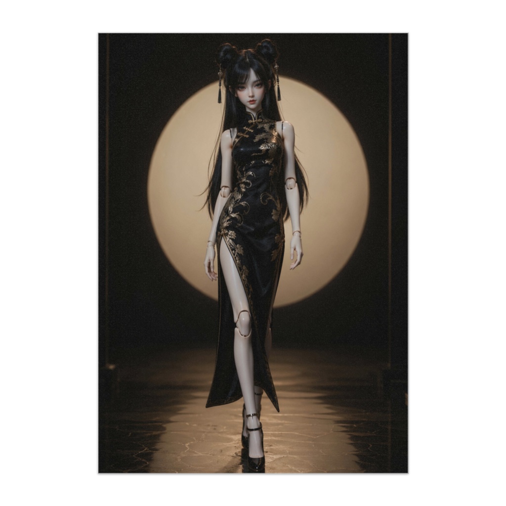 月光に佇む黒チャイナの機械美少女