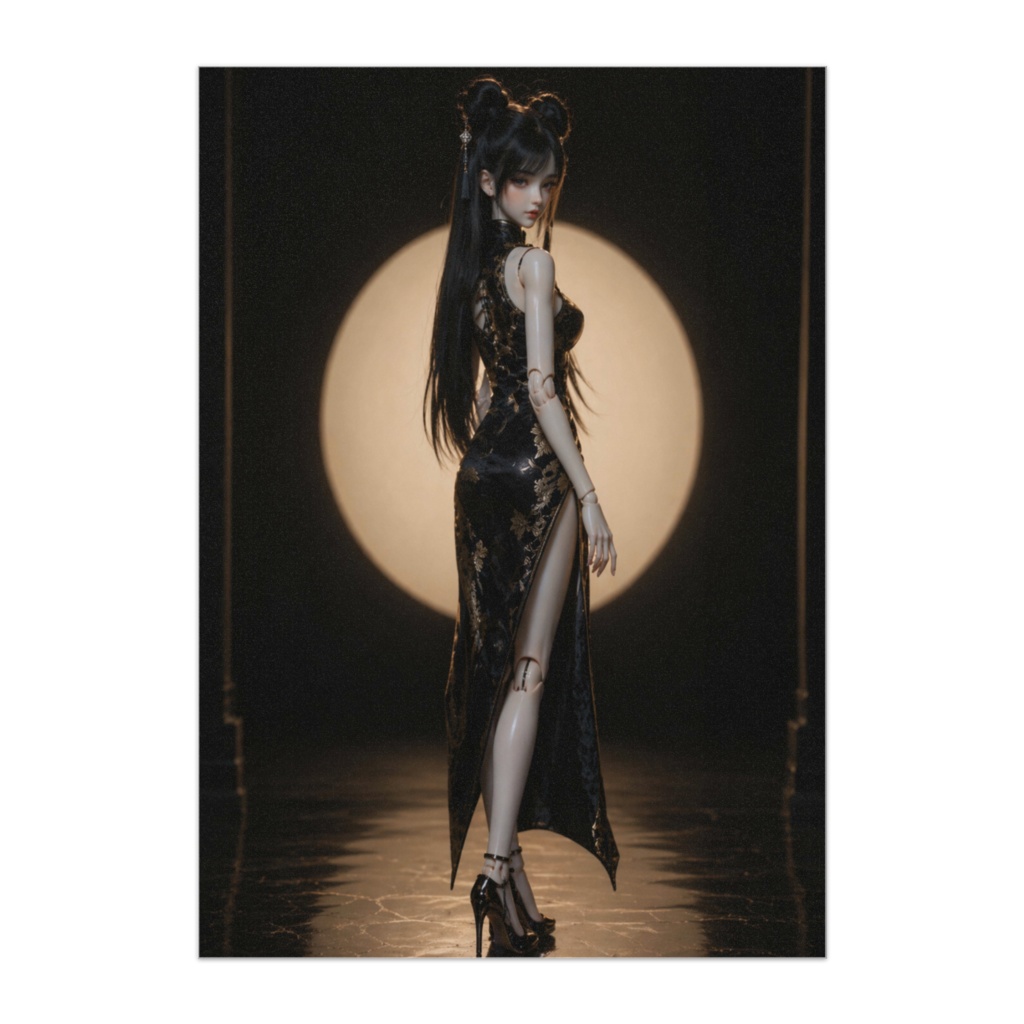 振り返る機械少女と黒の優雅な残像