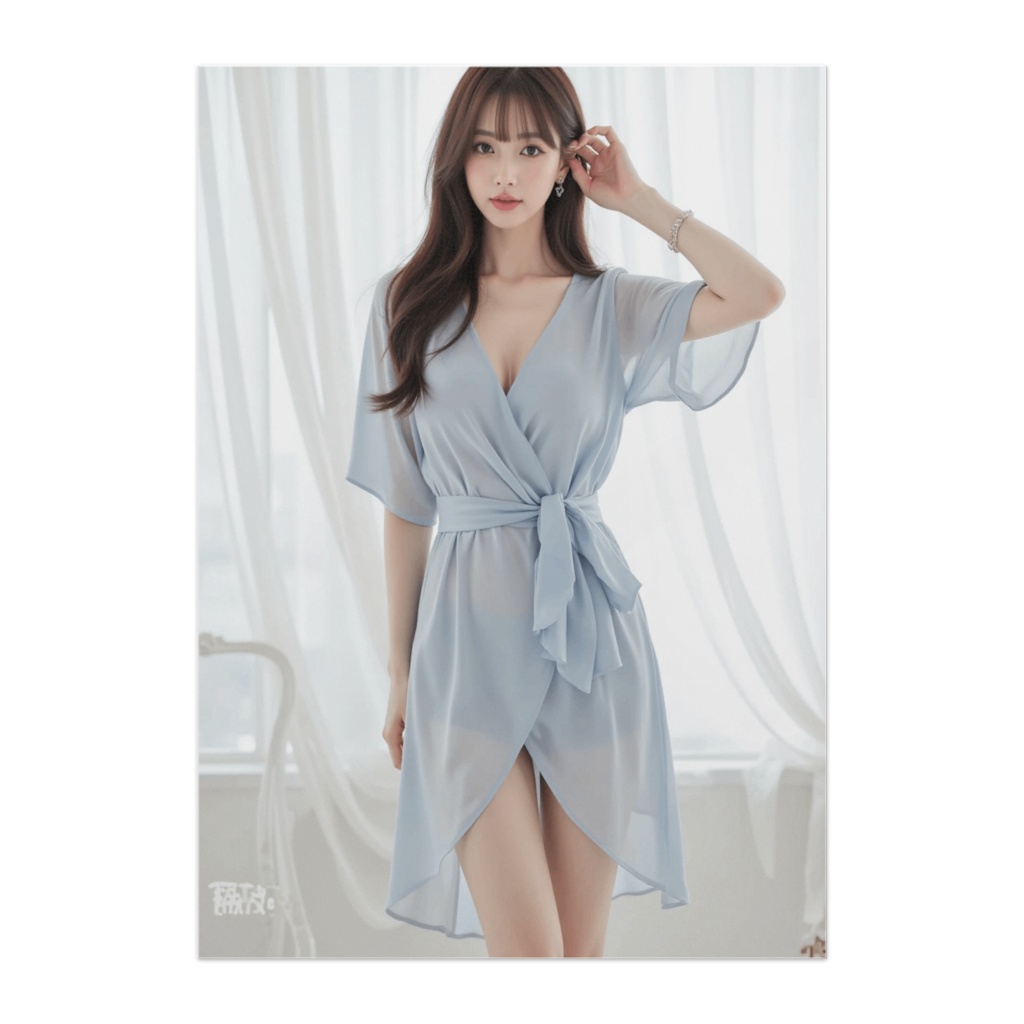 エレガントなブルーシフォンワンピースの女性ポスター