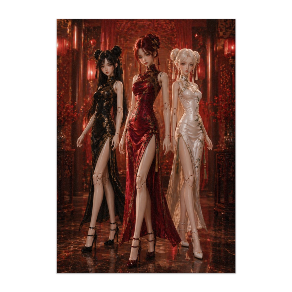 紅白黒の調和 ― 三体のチャイナドールドレス