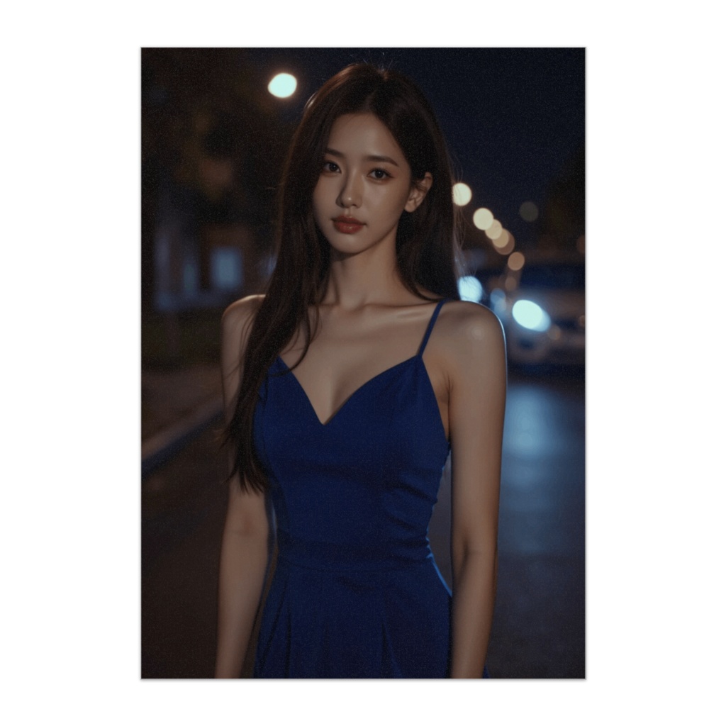 微笑みの夜デート｜ロイヤルブルードレスの女性ポスター