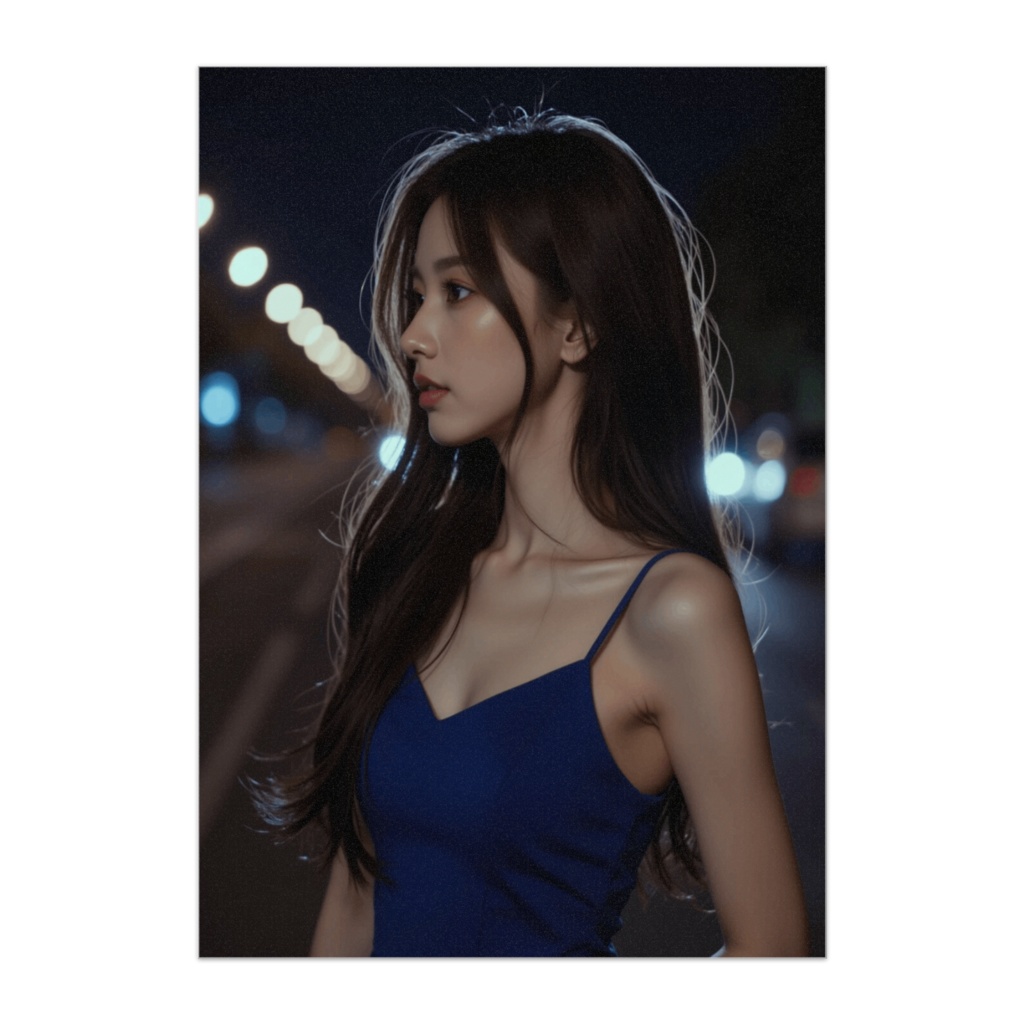 横顔の余韻｜夜の街に佇むロイヤルブルードレスポスター