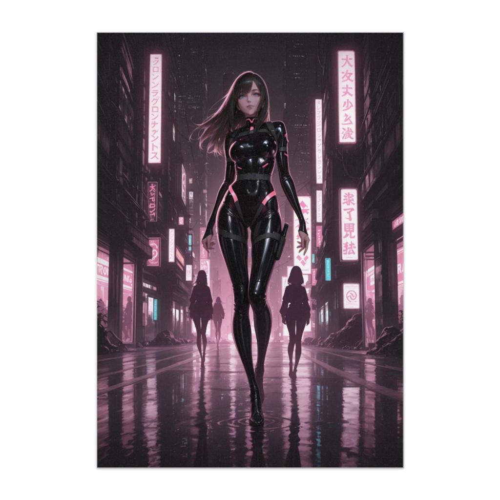 ネオンストリートに佇むラテックススーツの女性