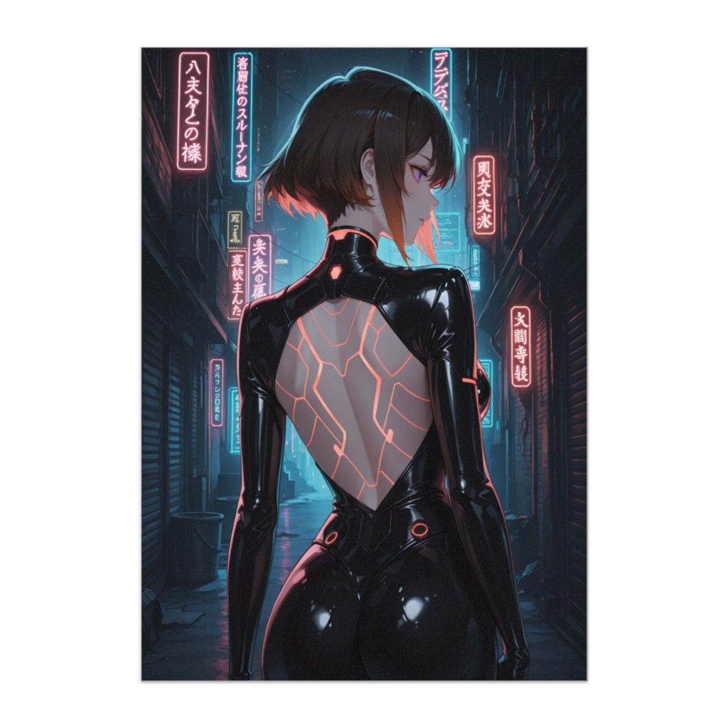 ネオン裏路地に立つラテックス美女の後ろ姿