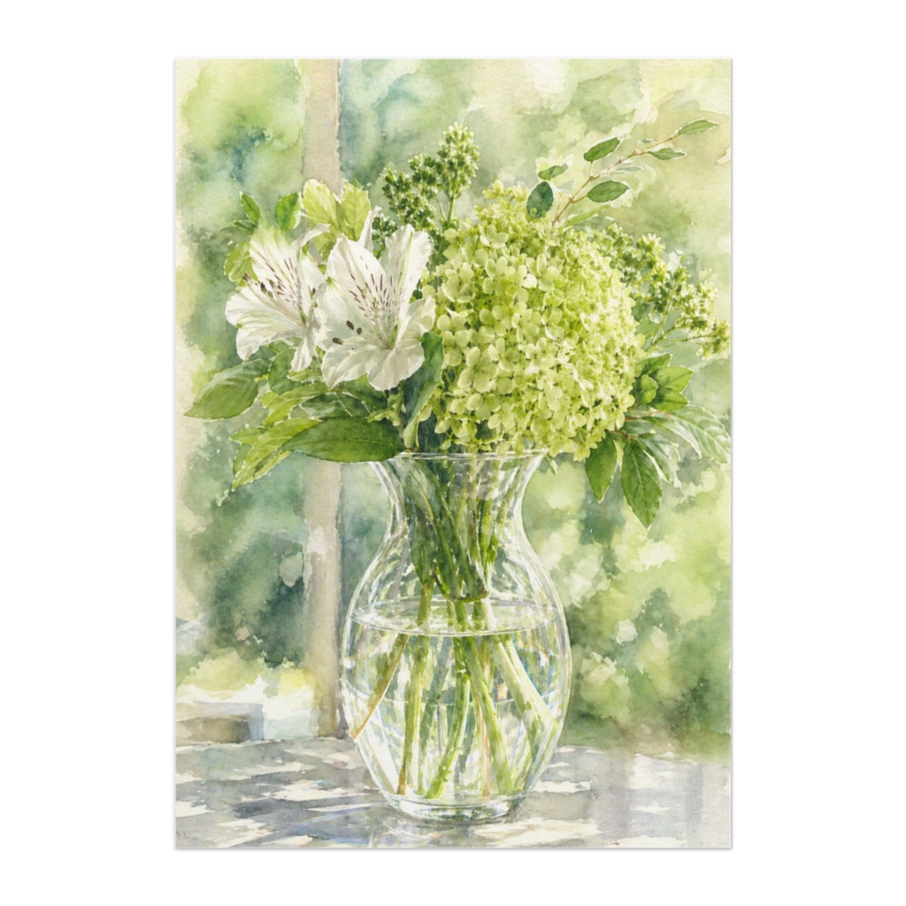 緑に包まれる花束 ― 自然光とガラスの水彩アート