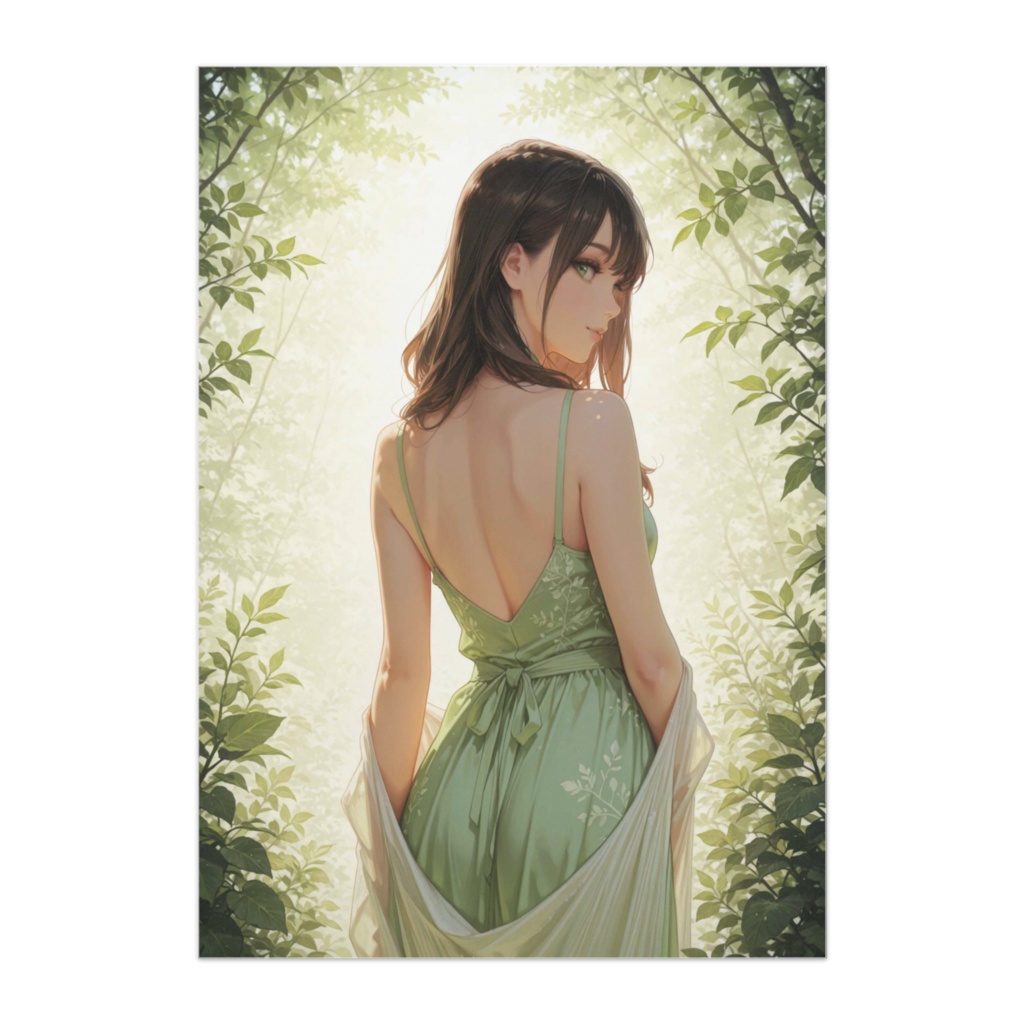 木漏れ日の中で振り返る ― ミントグリーンドレスの優雅な瞬間