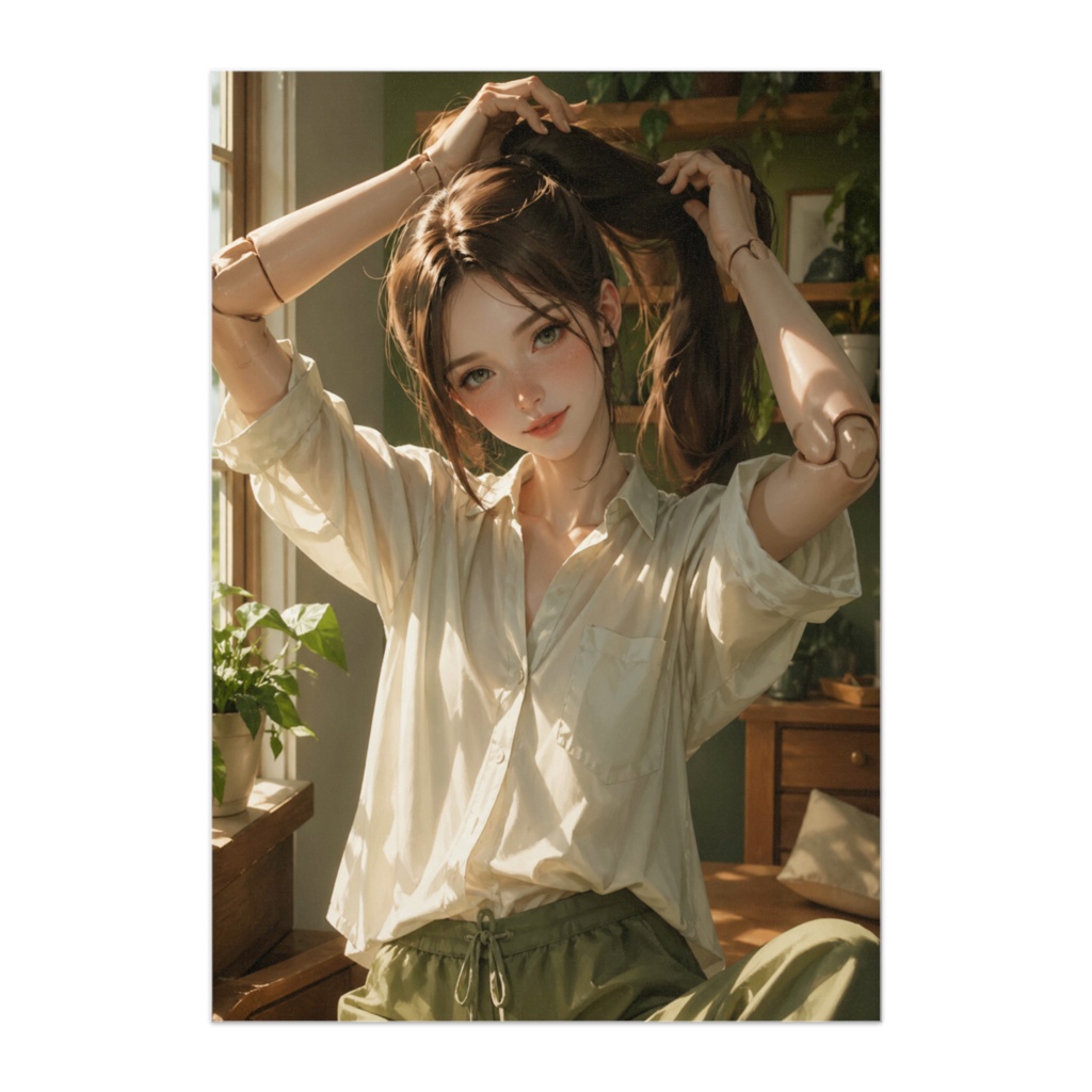 朝の光の中で髪を結ぶドール