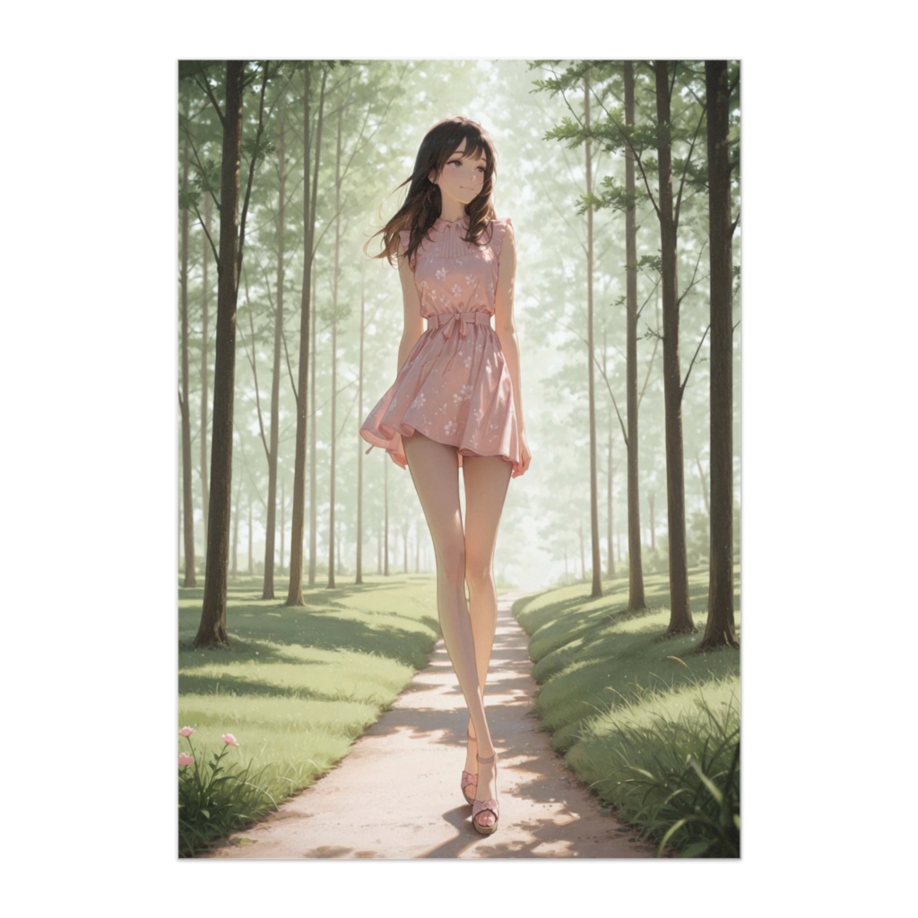 春風に揺れる、ピンクワンピースの女性ポスター