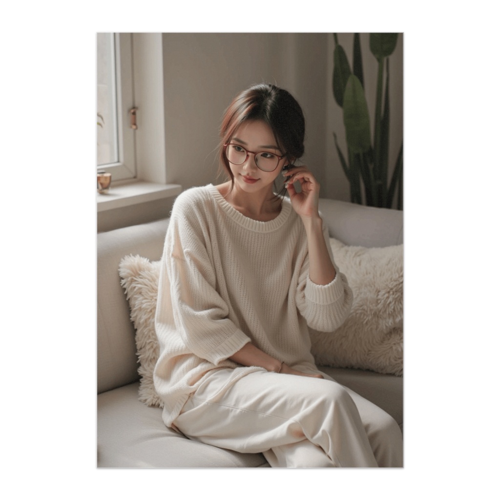 赤縁メガネとゆる結びの午後 ― ナチュラル部屋着ポートレート