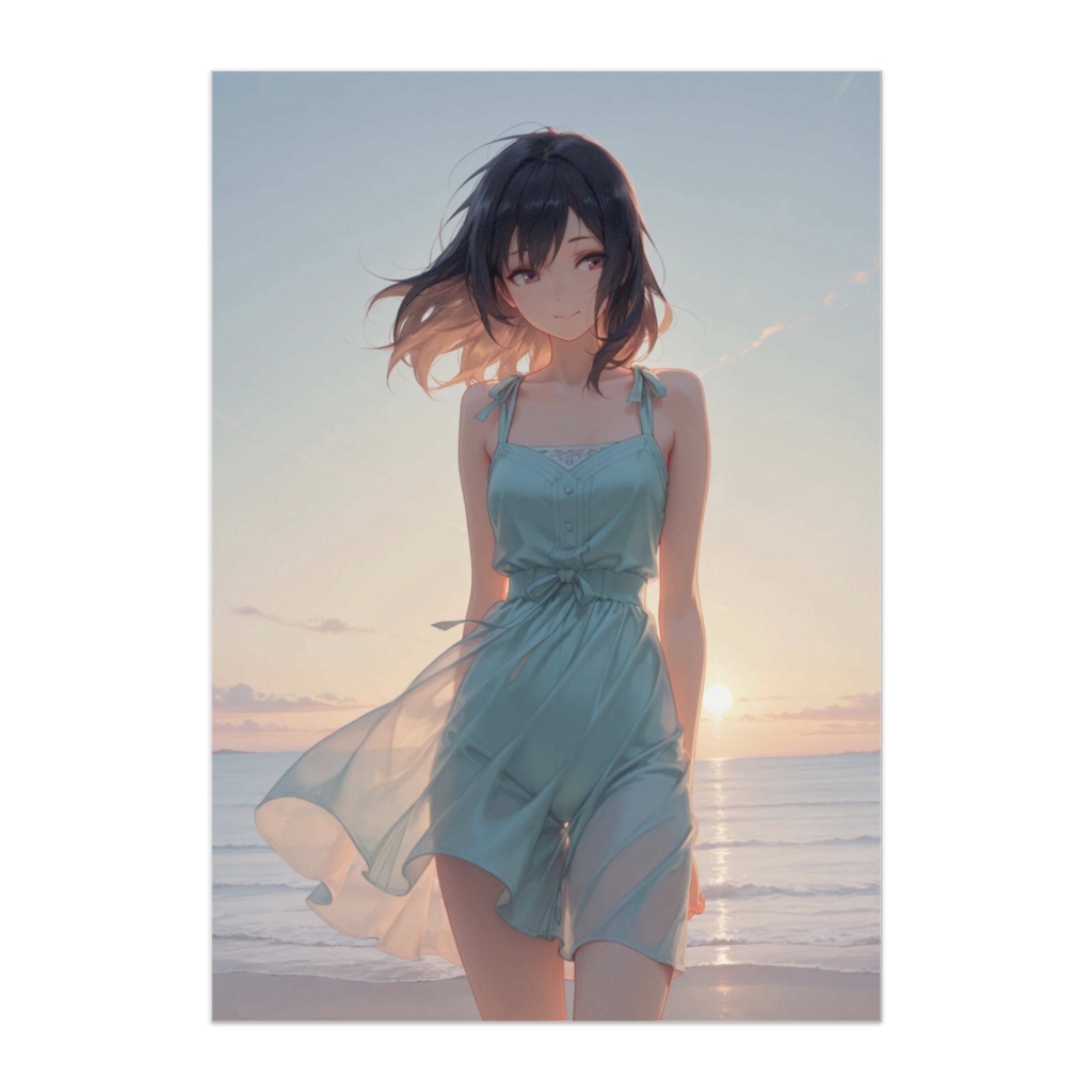 夕焼けに染まる海辺｜静かな余韻のアニメポスター