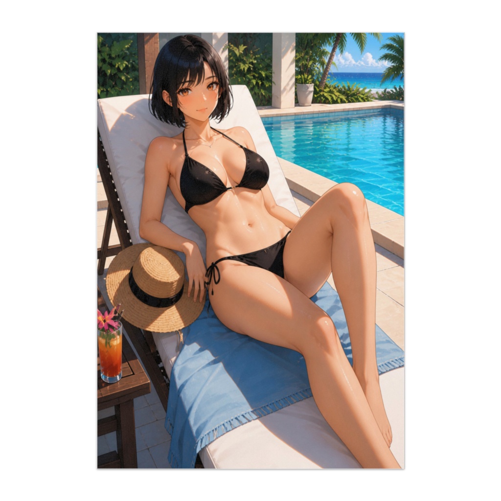 リゾートでくつろぐ大人の女性（ブラックビキニ）