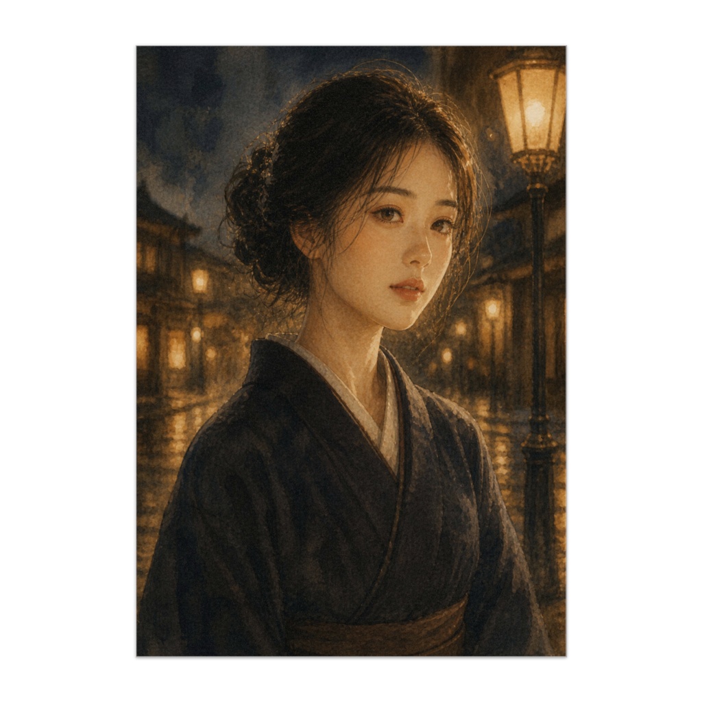 灯りに染まる夜 ― 大正街に佇む女性（水彩風ポスター）