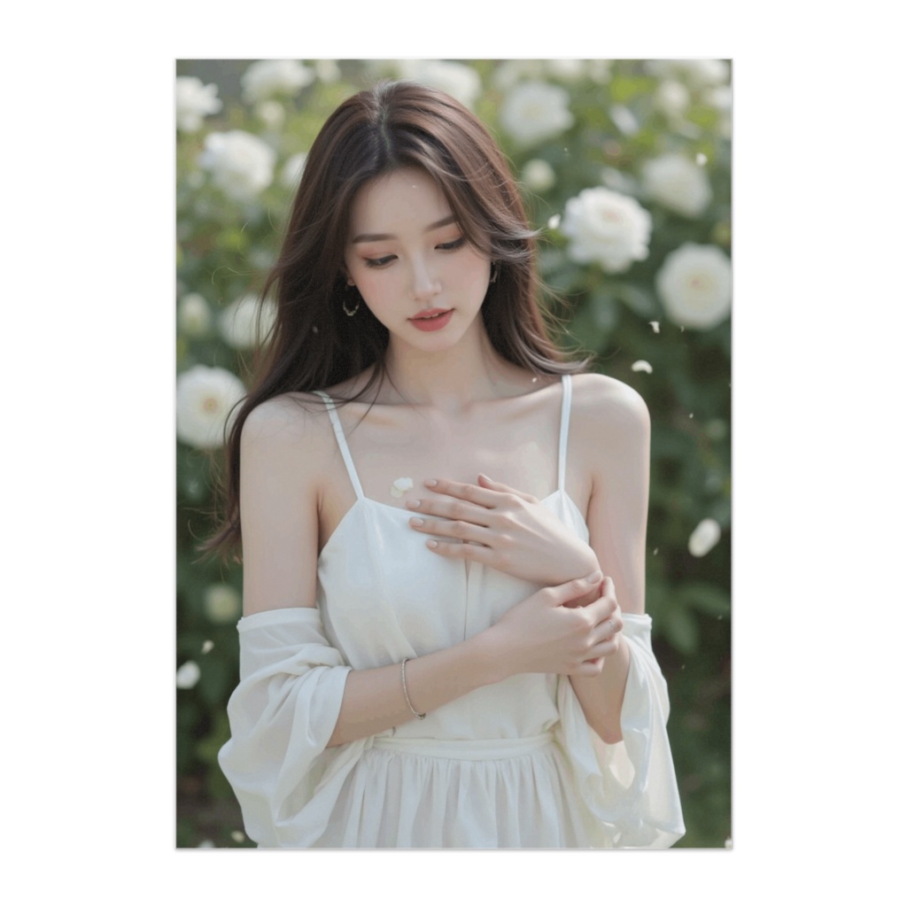 白い薔薇と透明感のある女性｜やさしい光のポスター