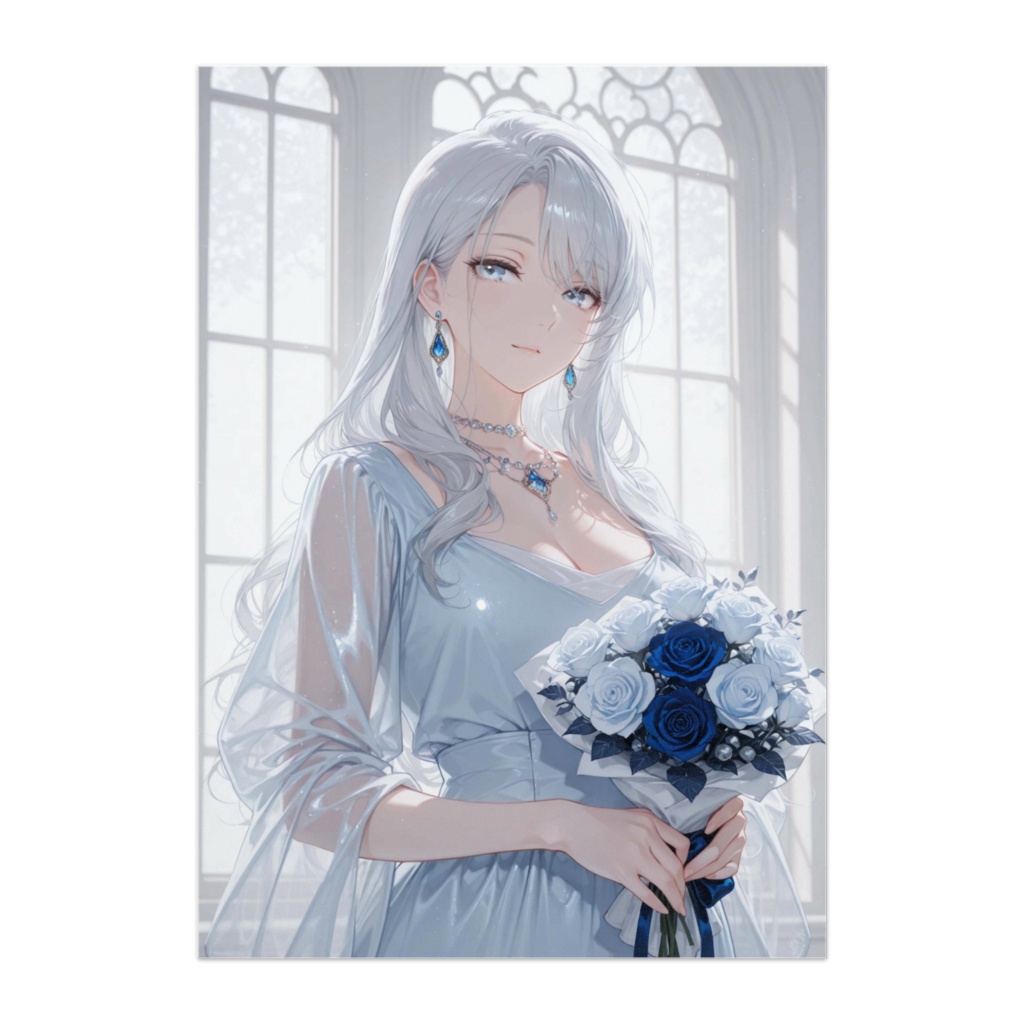 青い薔薇と透明感の美女｜幻想的クールビューティーポスター