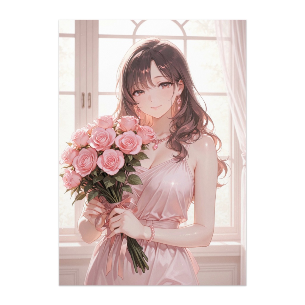ピンク薔薇と優しい微笑みの美女｜フェミニン透明感ポスター