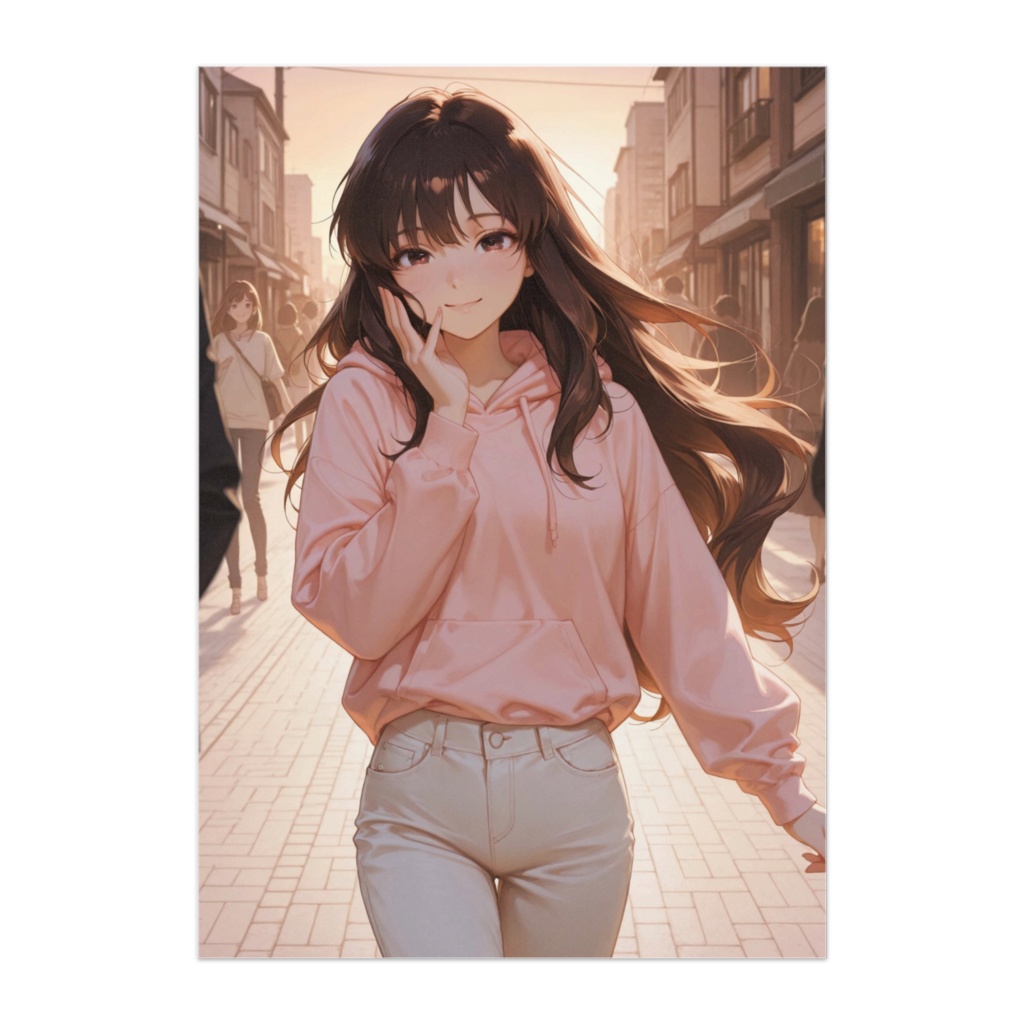夕暮れ通りのピンクパーカー