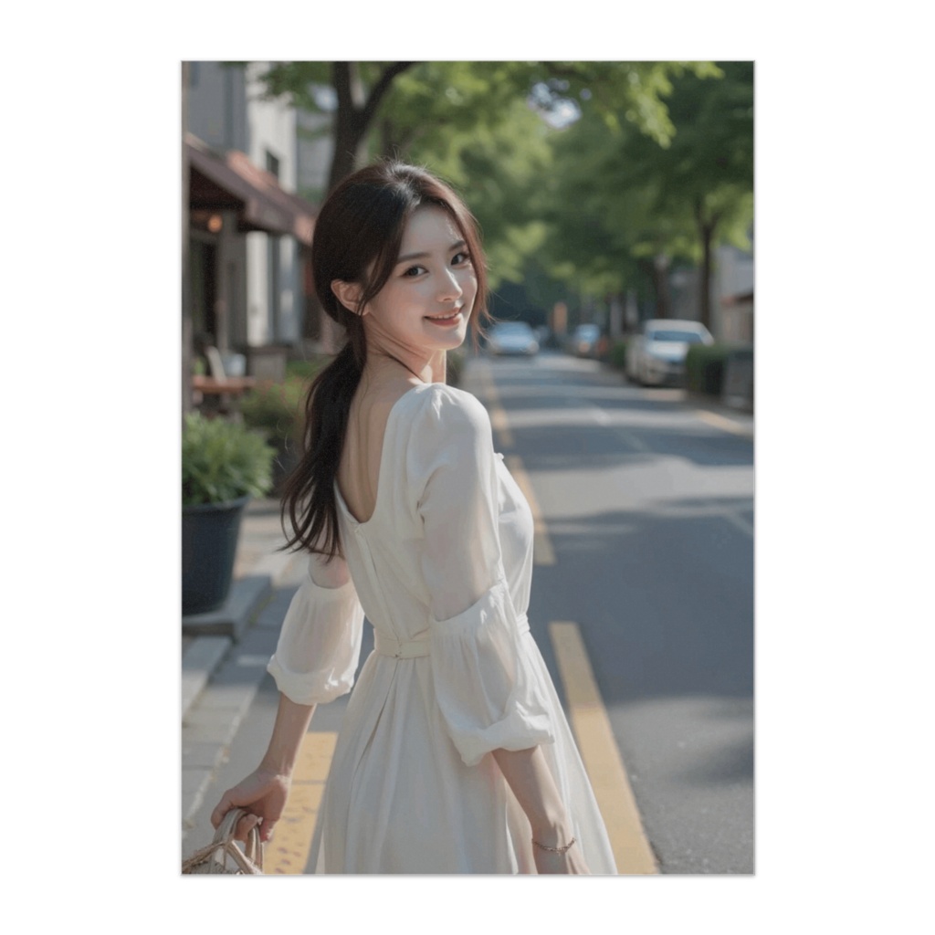 緑の街角で振り向く白ワンピの彼女