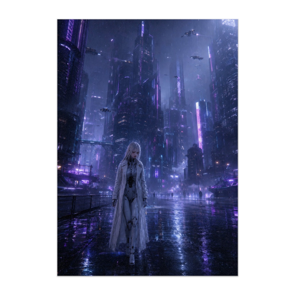 雨の未来都市を歩く白いサイボーグ
