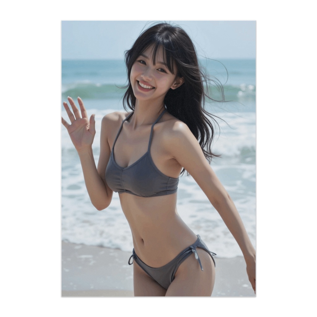 グレイビキニで手を振る夏のビーチガール