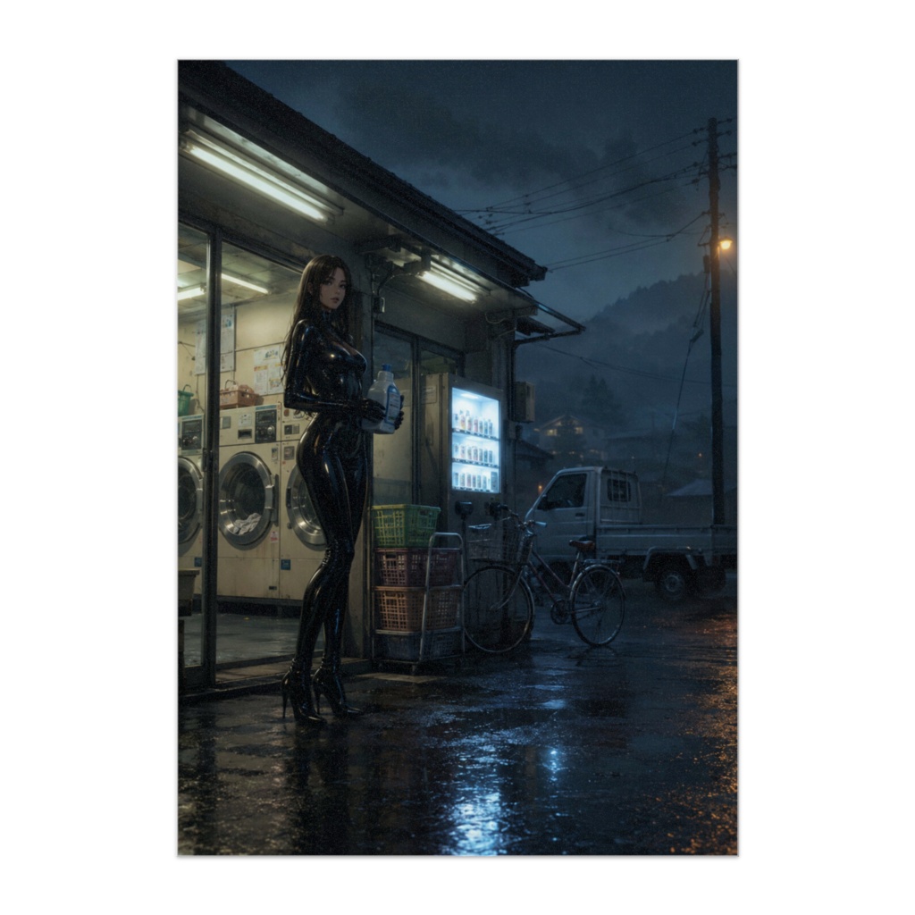 雨のランドリーに立つ黒衣の旅人