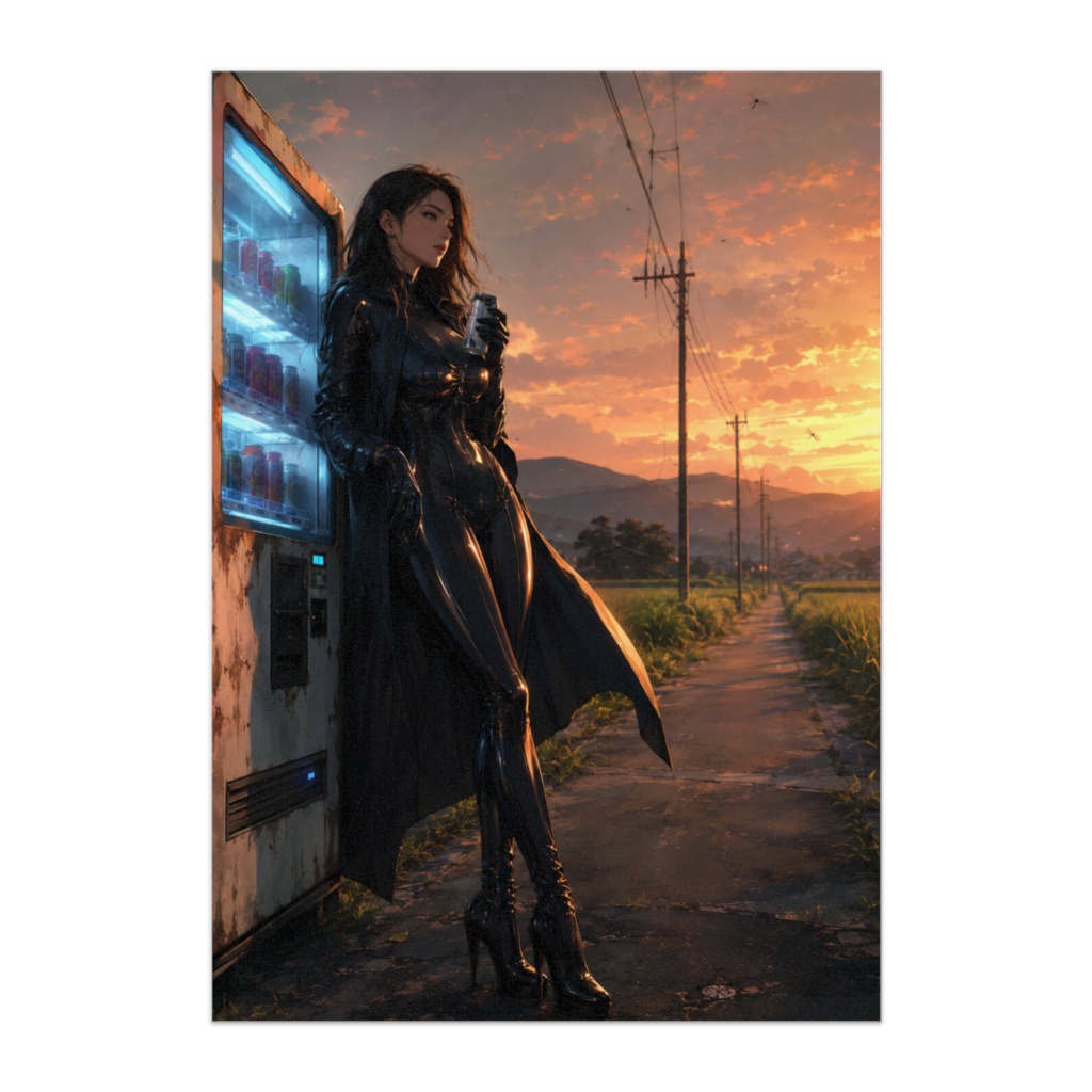 夕焼け田んぼと黒衣の旅人